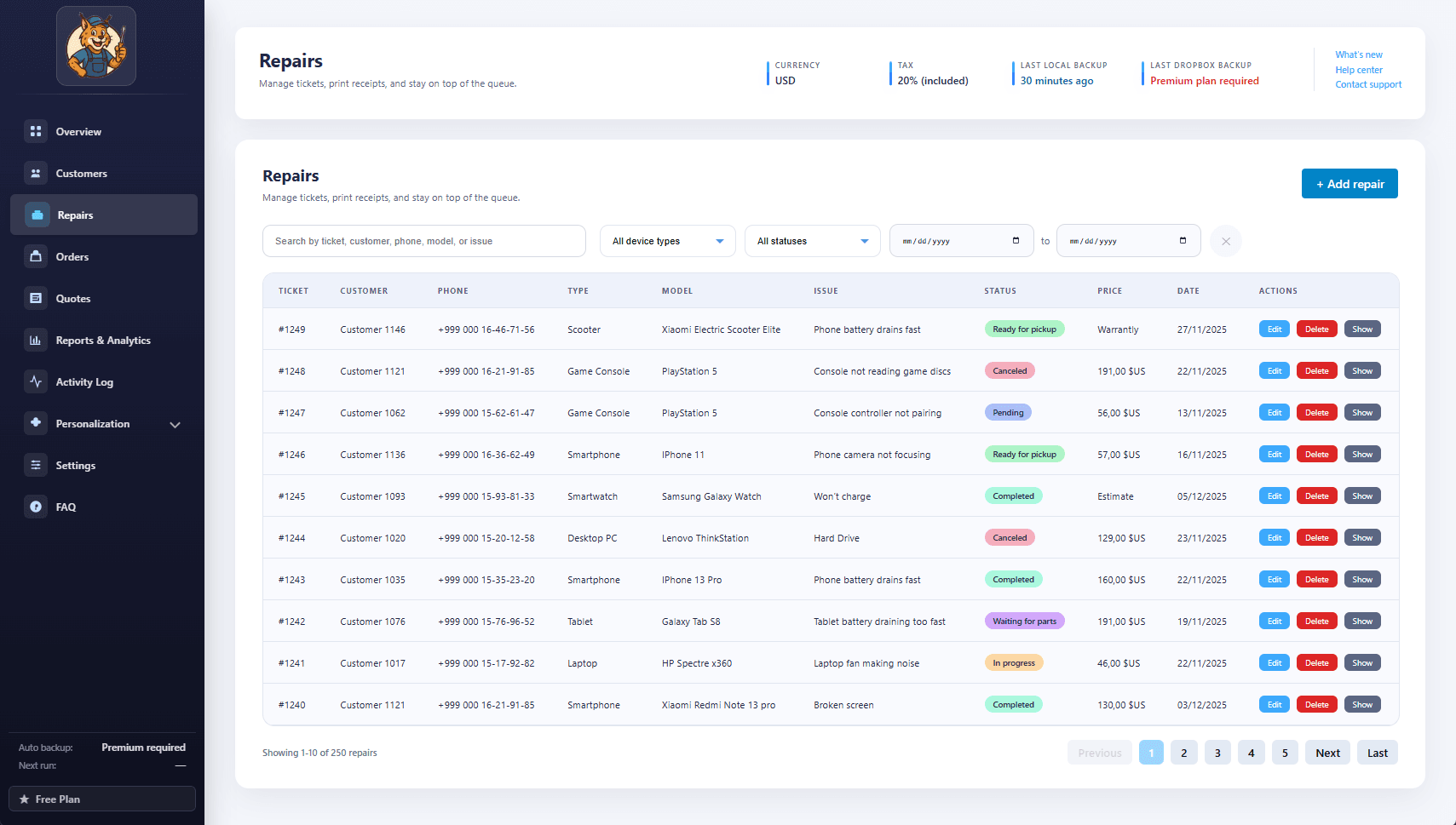 Repairs page showing list of all repair tickets with filters